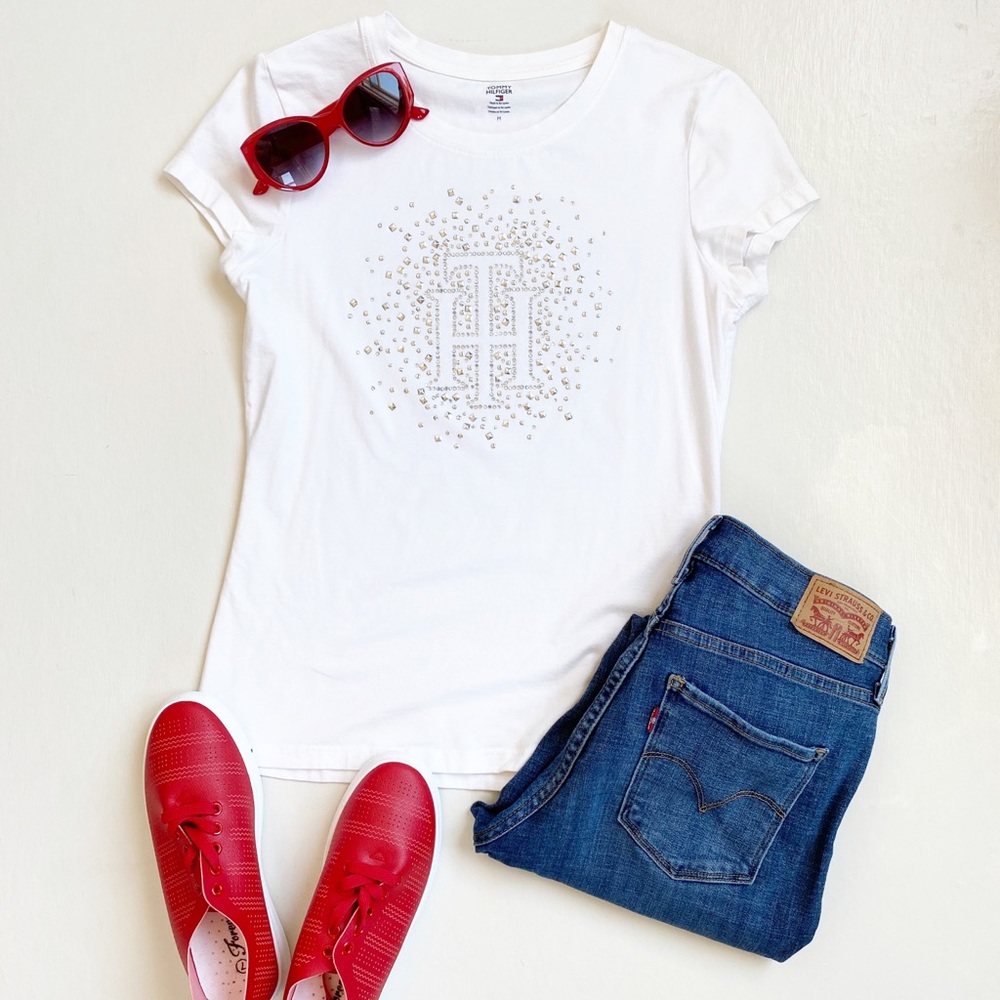 Tommy Hilfiger Silver Rhinestone White Top Size M